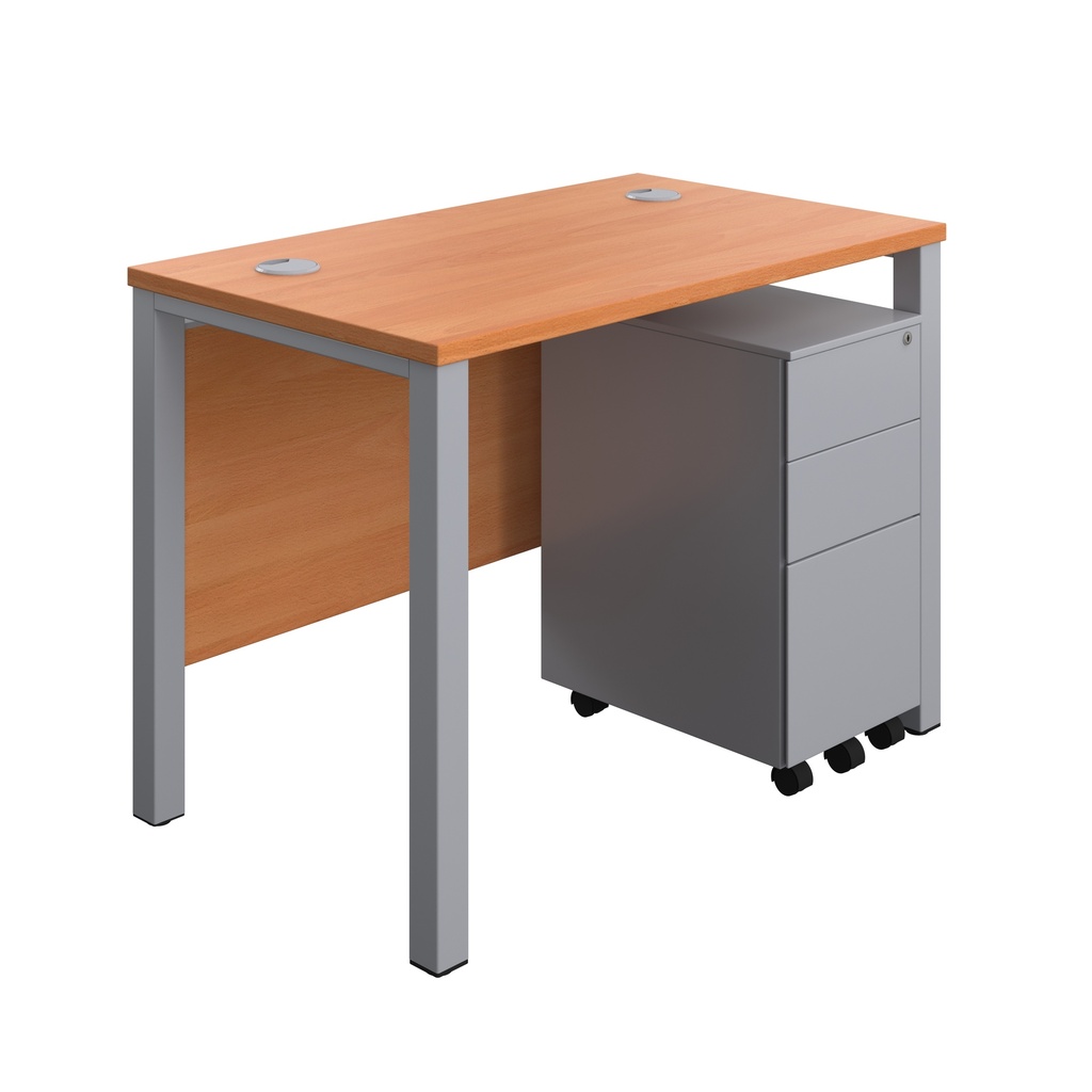 Goal Post Rectangular Desk + 3 Drawer Slimline Steel Pedestal (FSC) | 1000x600 | Beech/Silver | 