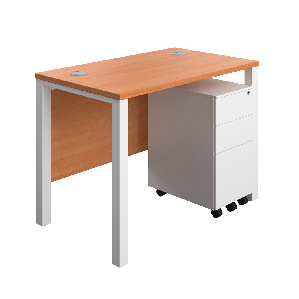 Goal Post Rectangular Desk + 3 Drawer Slimline Steel Pedestal (FSC) | 1000x600 | Beech/White | 