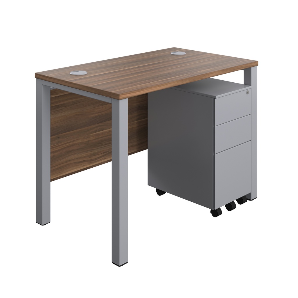 Goal Post Rectangular Desk + 3 Drawer Slimline Steel Pedestal (FSC) | 1000x600 | Dark Walnut/Silver | 