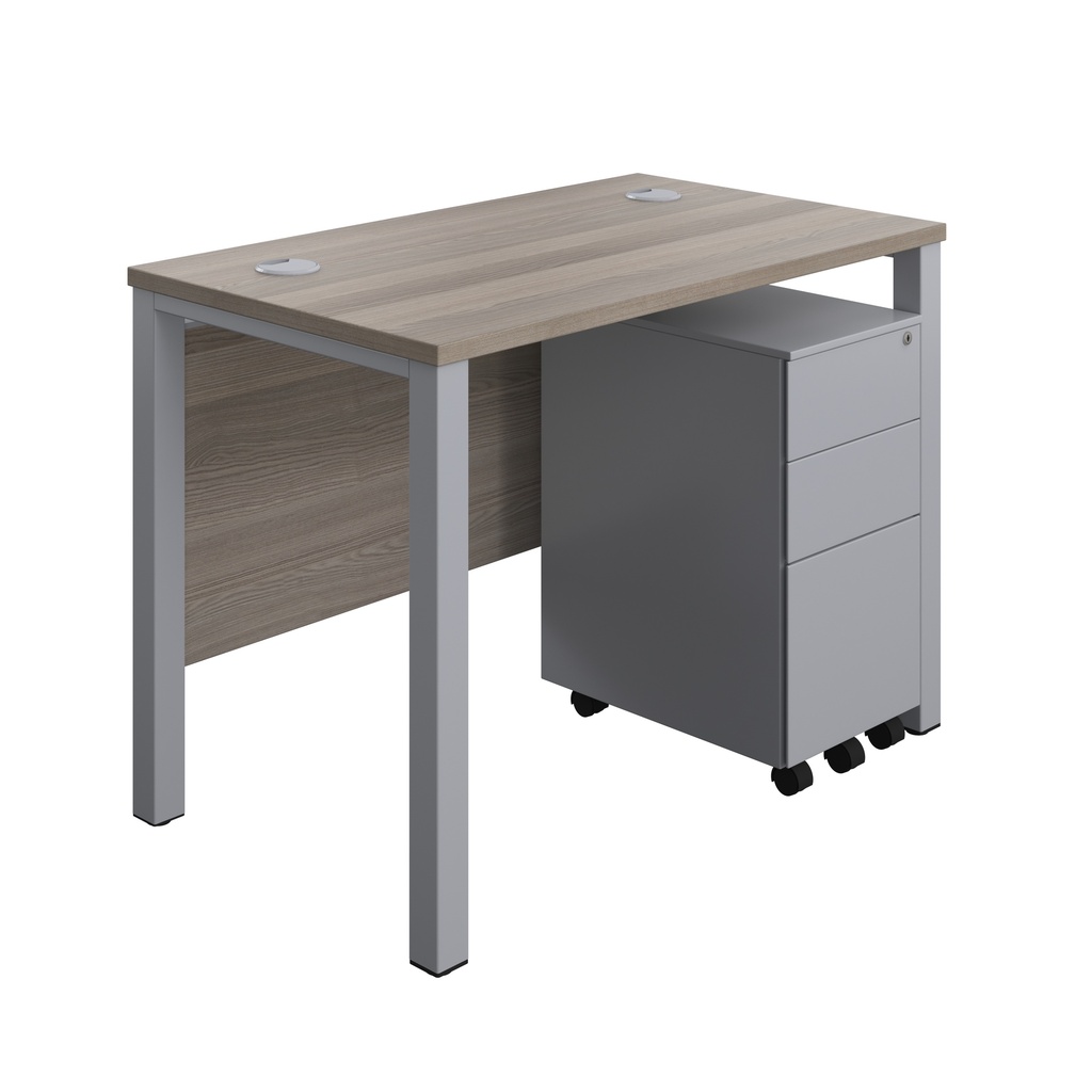 Goal Post Rectangular Desk + 3 Drawer Slimline Steel Pedestal (FSC) | 1000x600 | Grey oak/Silver | 