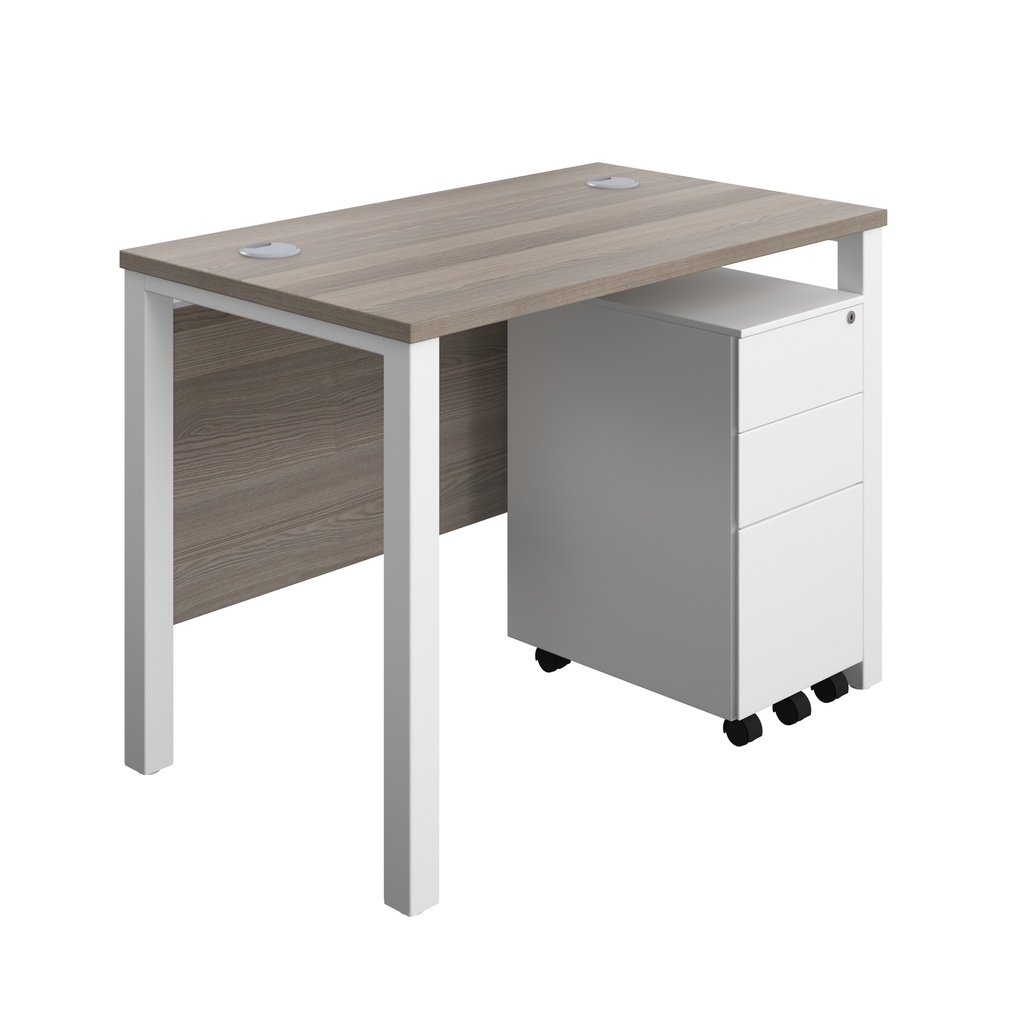 Goal Post Rectangular Desk + 3 Drawer Slimline Steel Pedestal (FSC) | 1000x600 | Grey oak/White | 