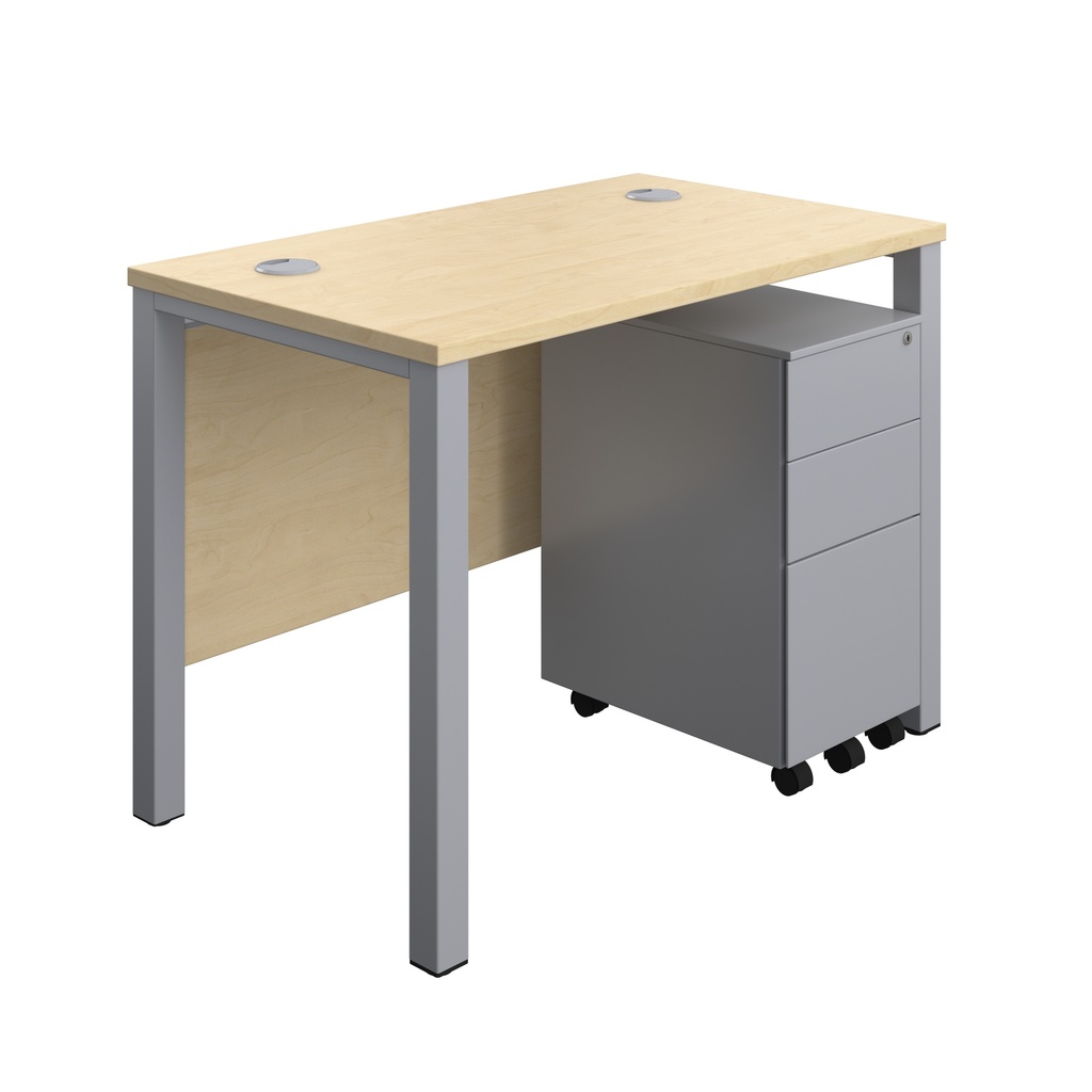 Goal Post Rectangular Desk + 3 Drawer Slimline Steel Pedestal (FSC) | 1000x600 | Maple/Silver | 