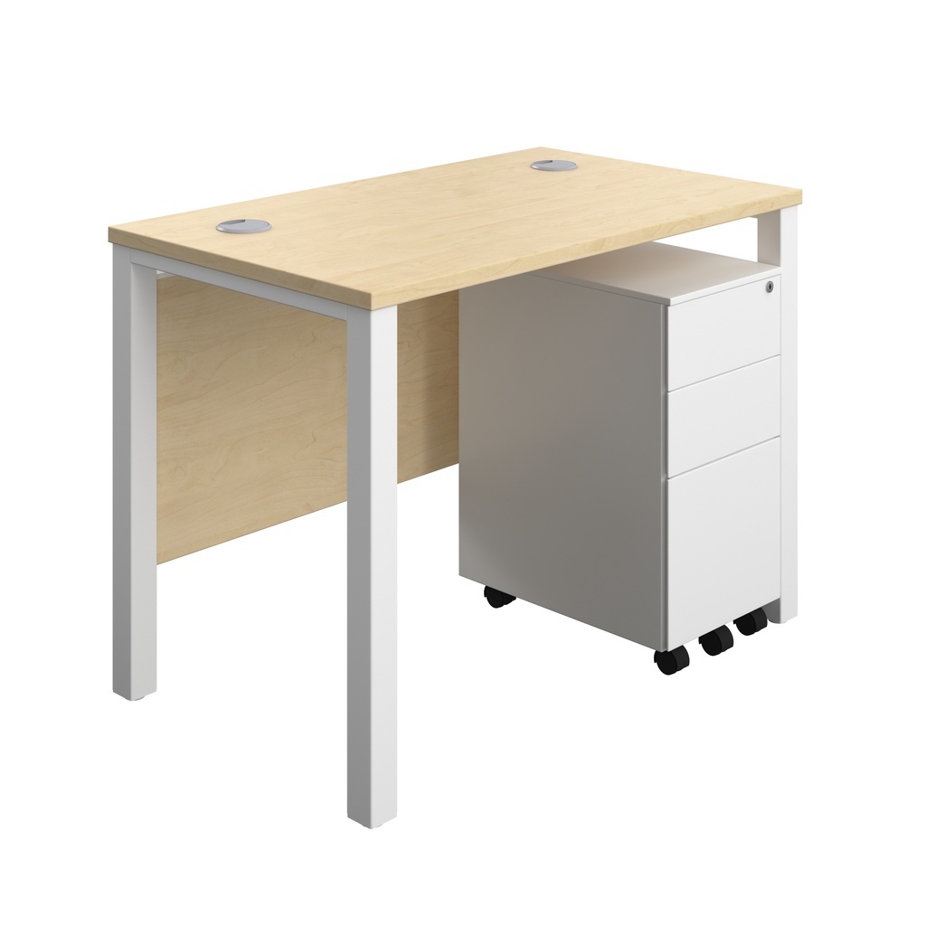 Goal Post Rectangular Desk + 3 Drawer Slimline Steel Pedestal (FSC) | 1000x600 | Maple/White | 