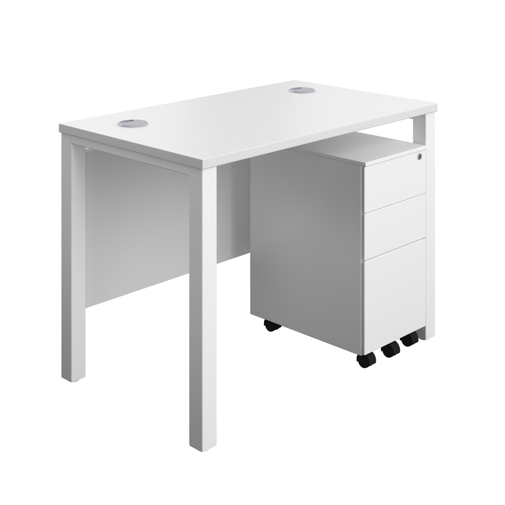 Goal Post Rectangular Desk + 3 Drawer Slimline Steel Pedestal (FSC) | 1000x600 | White/White | 