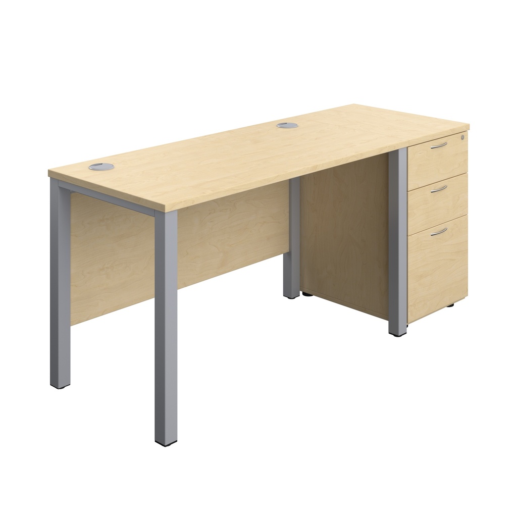 Goal Post Rectangular Desk + 3 Drawer Desk High Pedestal (FSC) | 1200x600 | Maple/Silver | 