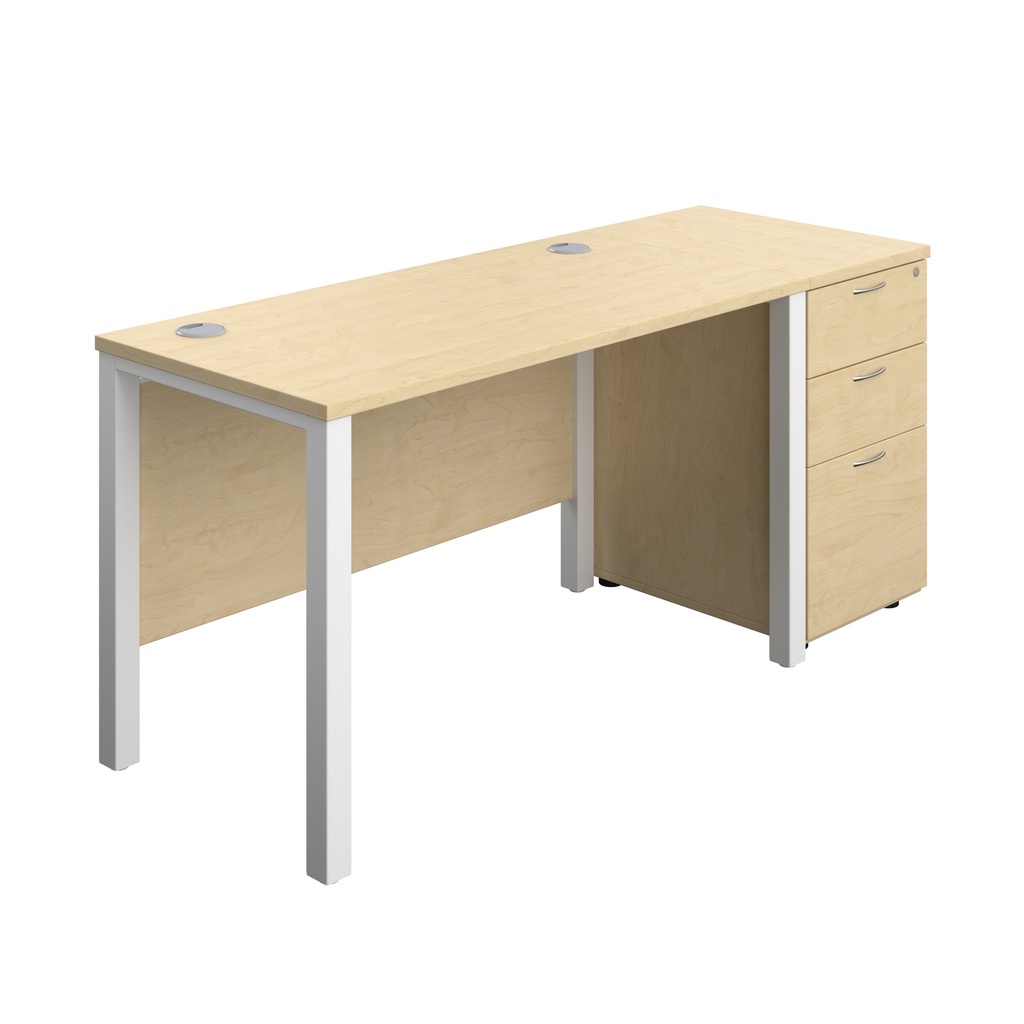 Goal Post Rectangular Desk + 3 Drawer Desk High Pedestal (FSC) | 1200x600 | Maple/White | 