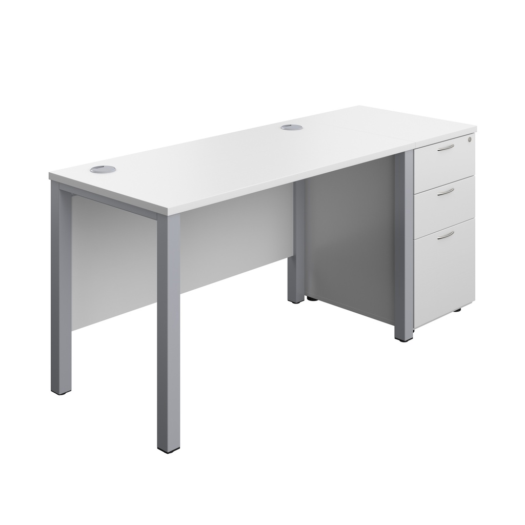 Goal Post Rectangular Desk + 3 Drawer Desk High Pedestal (FSC) | 1200x600 | White/Silver | 