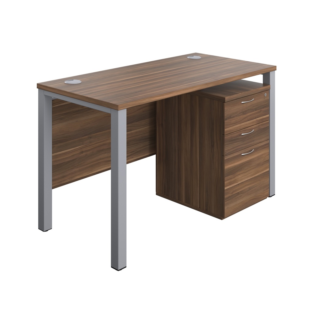 Goal Post Rectangular Desk + 3 Drawer High Mobile Pedestal (FSC) | 1200x600 | Dark Walnut/Silver | 