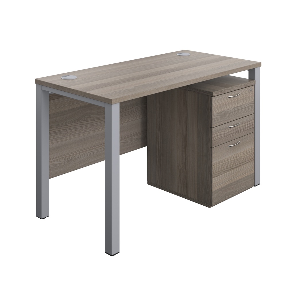 Goal Post Rectangular Desk + 3 Drawer High Mobile Pedestal (FSC) | 1200x600 | Grey oak/Silver | 