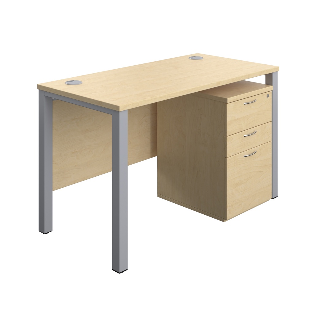 Goal Post Rectangular Desk + 3 Drawer High Mobile Pedestal (FSC) | 1200x600 | Maple/Silver | 