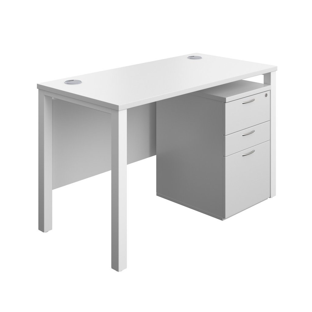 Goal Post Rectangular Desk + 3 Drawer High Mobile Pedestal (FSC) | 1200x600 | White/White | 