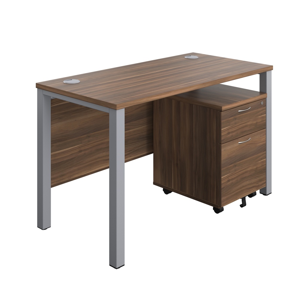 Goal Post Rectangular Desk + 2 Drawer Mobile Pedestal (FSC) | 1200x600 | Dark Walnut/Silver | 