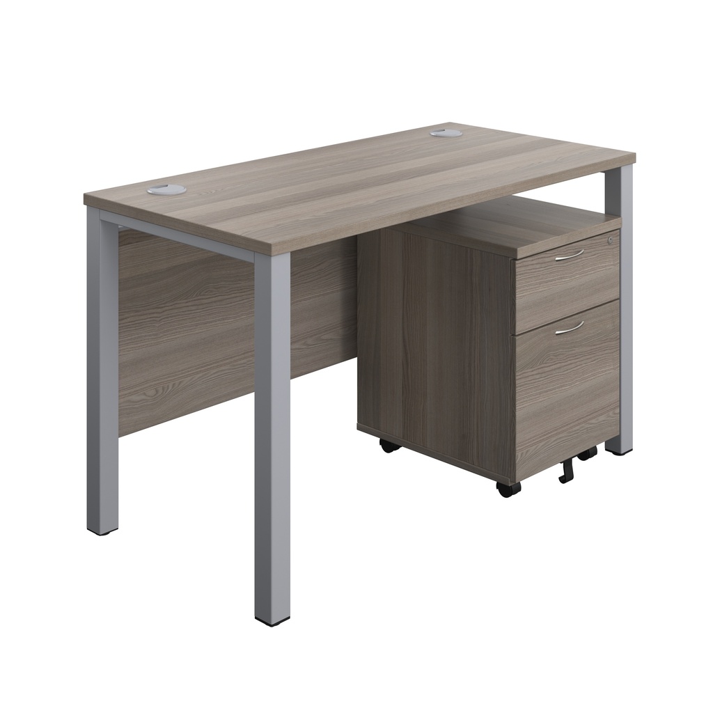 Goal Post Rectangular Desk + 2 Drawer Mobile Pedestal (FSC) | 1200x600 | Grey oak/Silver | 