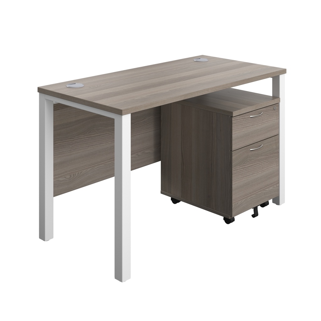 Goal Post Rectangular Desk + 2 Drawer Mobile Pedestal (FSC) | 1200x600 | Grey oak/White | 