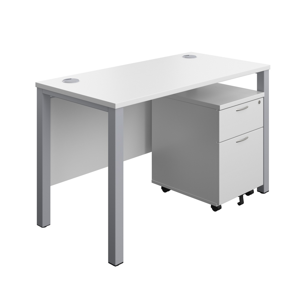 Goal Post Rectangular Desk + 2 Drawer Mobile Pedestal (FSC) | 1200x600 | White/Silver | 