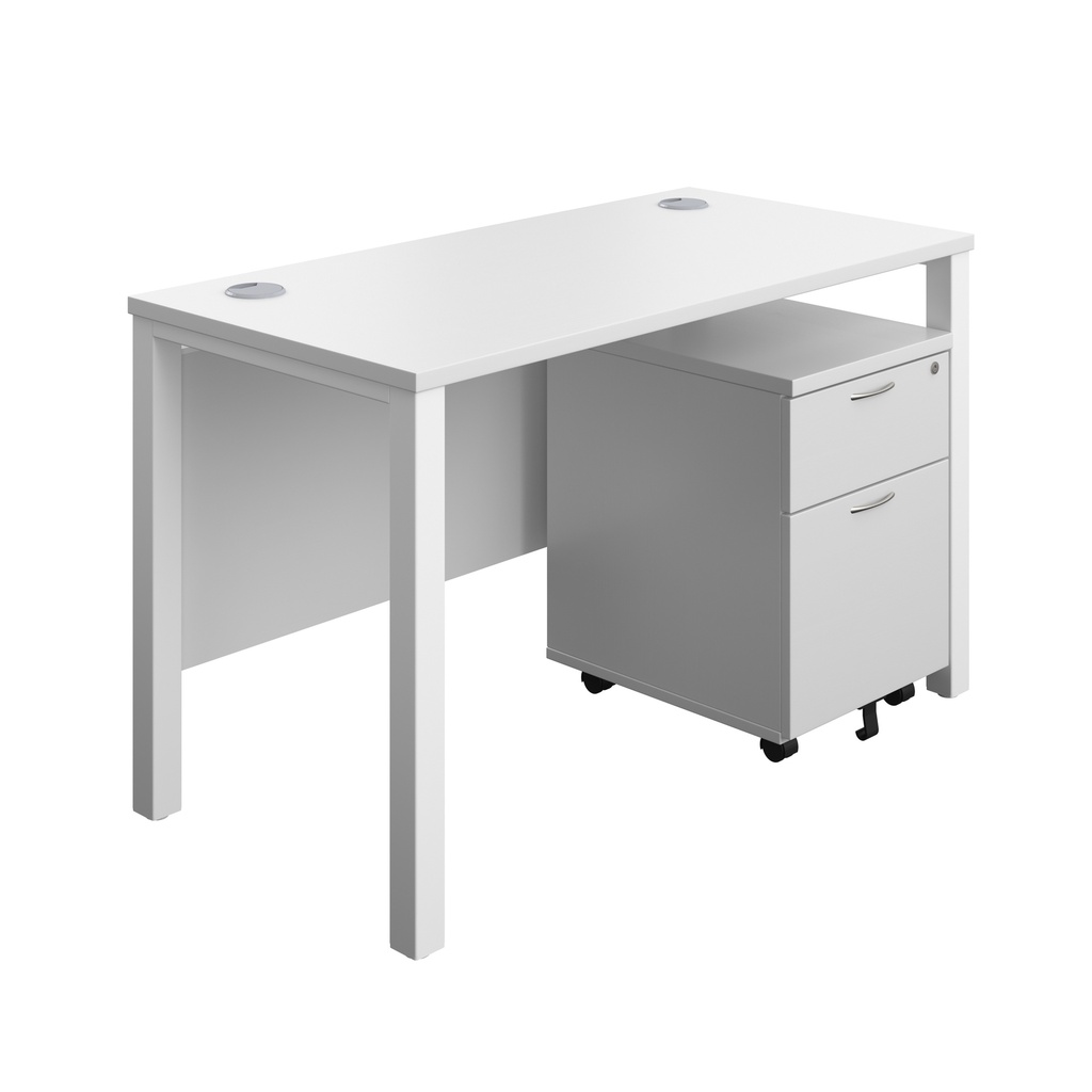 Goal Post Rectangular Desk + 2 Drawer Mobile Pedestal (FSC) | 1200x600 | White/White | 