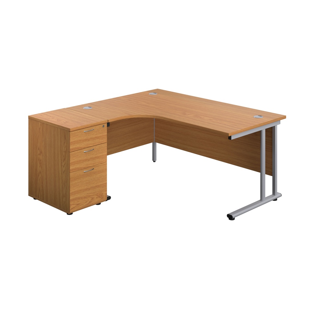 Twin Upright Left Hand Radial Desk + Desk High 3 Drawer Pedestal (FSC) | 1600X1200 | 600mm Deep Pedestal | Nova Oak/Silver