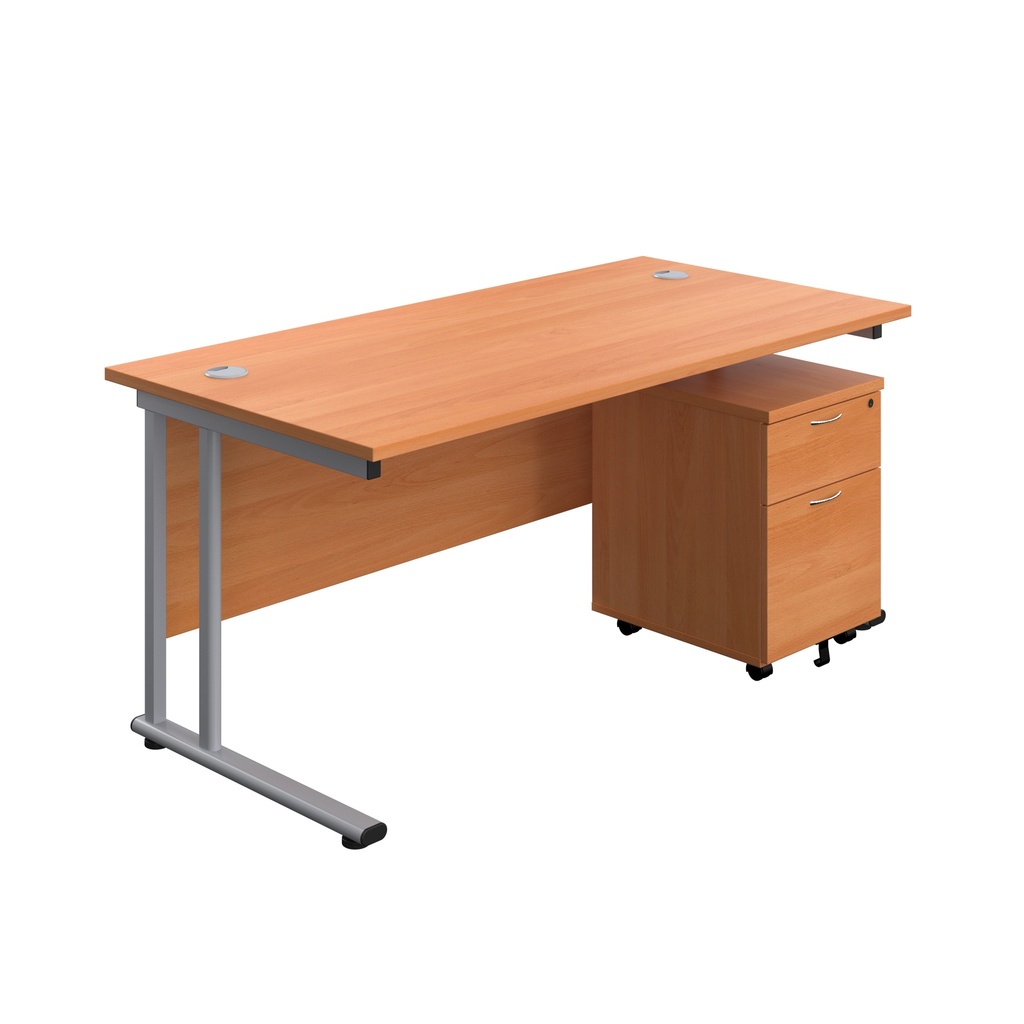 Twin Upright Rectangular Desk + Mobile 2 Drawer Pedestal (FSC) | 1800X800 | Beech/Silver | 