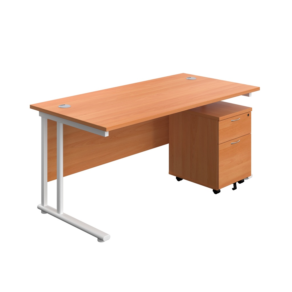 Twin Upright Rectangular Desk + Mobile 2 Drawer Pedestal (FSC) | 1800X800 | Beech/White | 