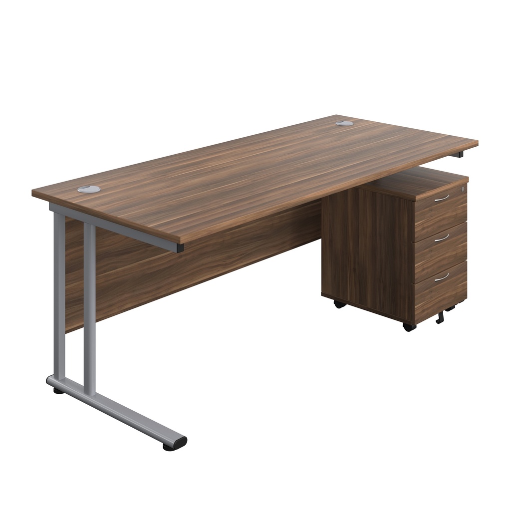 Twin Upright Rectangular Desk + Mobile 3 Drawer Pedestal (FSC) | 1800X800 | Dark Walnut/Silver | 