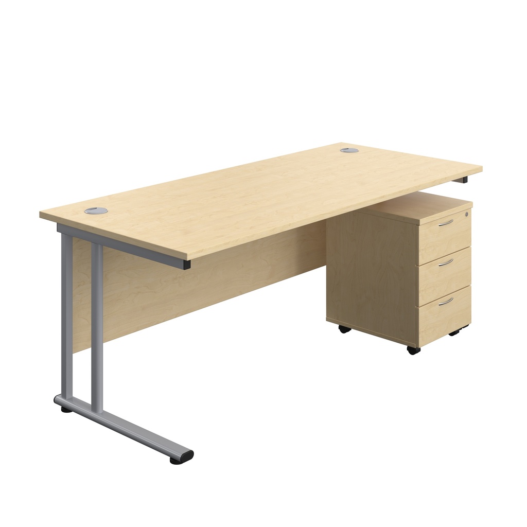 Twin Upright Rectangular Desk + Mobile 3 Drawer Pedestal (FSC) | 1800X800 | Maple/Silver | 