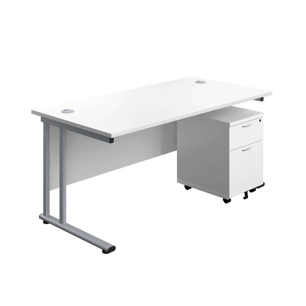 Twin Upright Rectangular Desk + Mobile 2 Drawer Pedestal (FSC) | 1800X800 | White/Silver | 