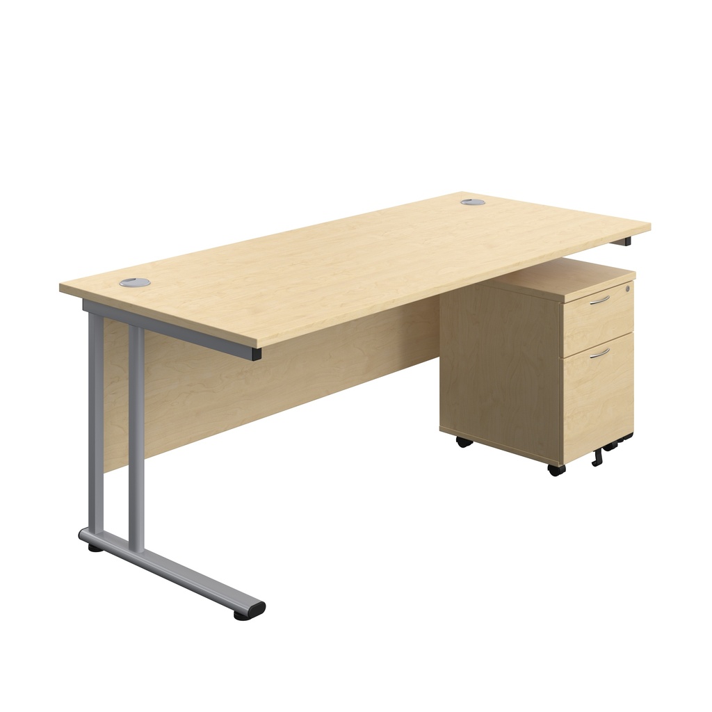 Twin Upright Rectangular Desk + Mobile 2 Drawer Pedestal (FSC) | 1800X800 | Maple/Silver | 