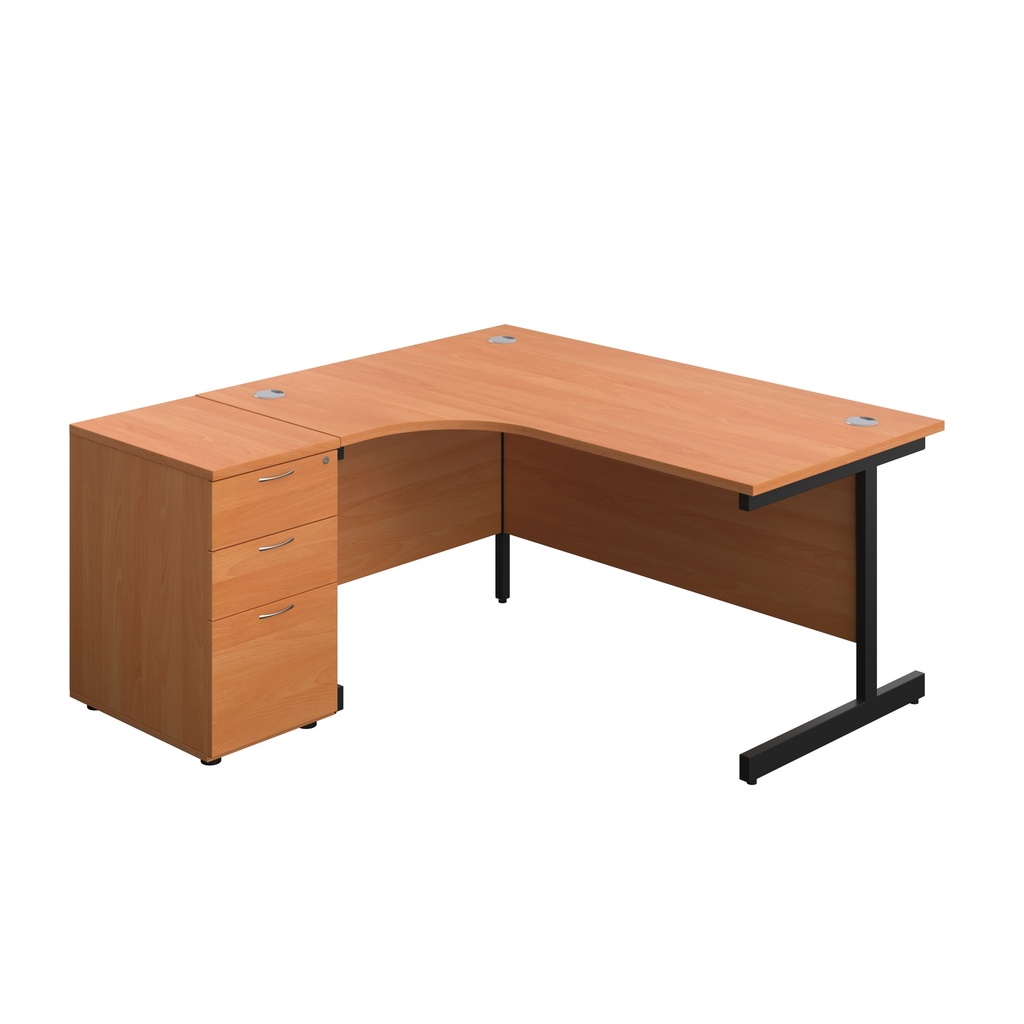 Single Upright Left Hand Radial Desk + Desk High 3 Drawer Pedestal (FSC) | 1600 X 1200 | 600mm Deep Pedestal | Beech/Black