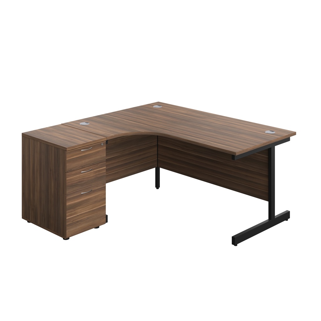 Single Upright Left Hand Radial Desk + Desk High 3 Drawer Pedestal (FSC) | 1600 X 1200 | 600mm Deep Pedestal | Dark Walnut/Black