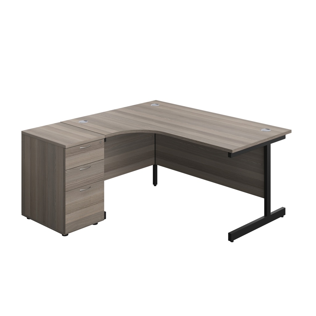 Single Upright Left Hand Radial Desk + Desk High 3 Drawer Pedestal (FSC) | 1600 X 1200 | 600mm Deep Pedestal | Grey Oak/Black