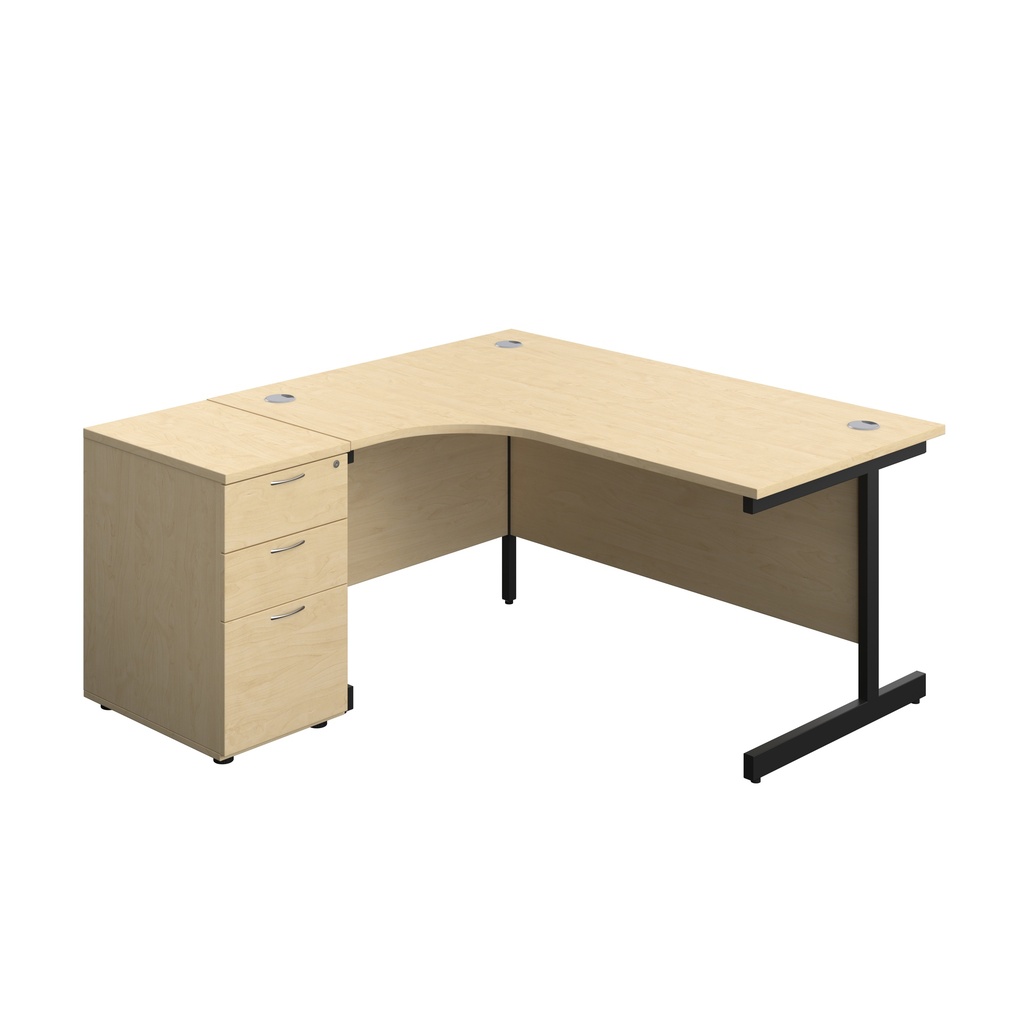 Single Upright Left Hand Radial Desk + Desk High 3 Drawer Pedestal (FSC) | 1600 X 1200 | 600mm Deep Pedestal | Maple/Black