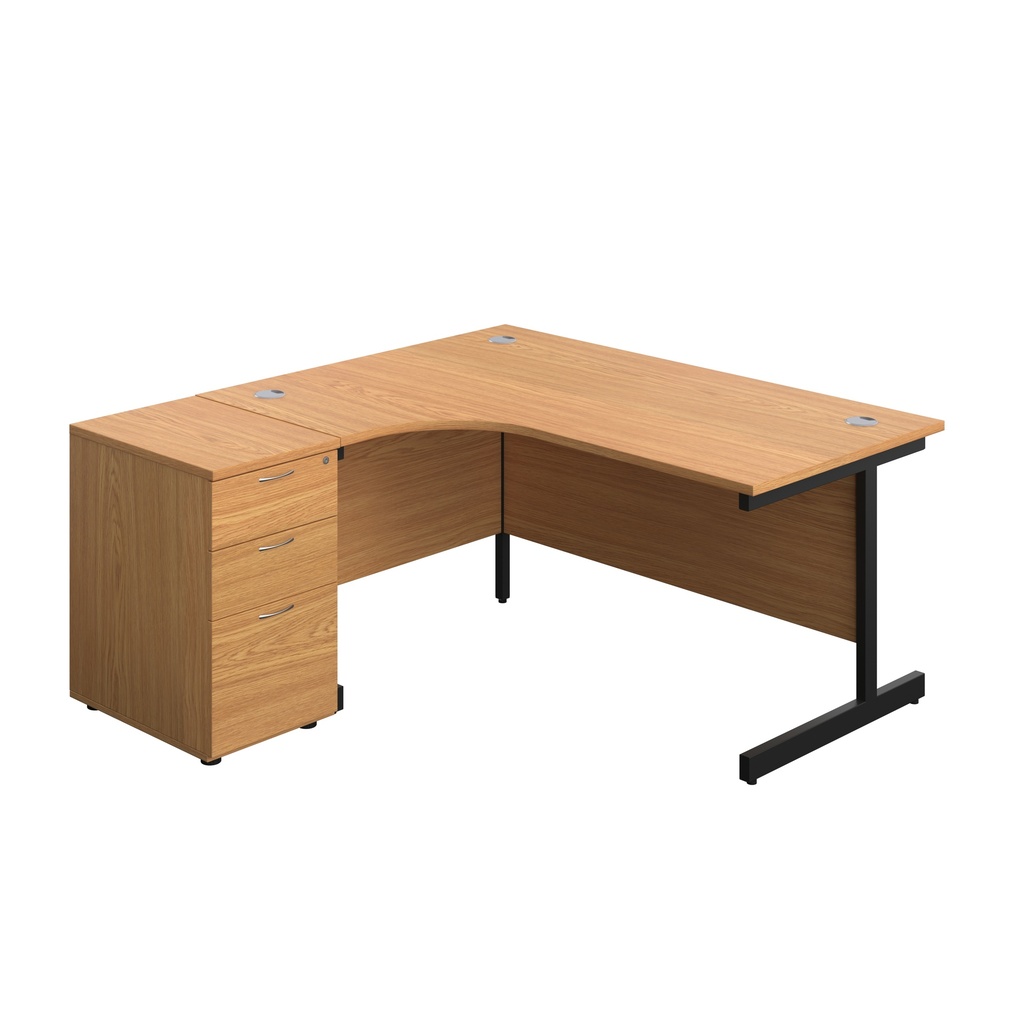 Single Upright Left Hand Radial Desk + Desk High 3 Drawer Pedestal (FSC) | 1600 X 1200 | 600mm Deep Pedestal | Nova Oak/Black