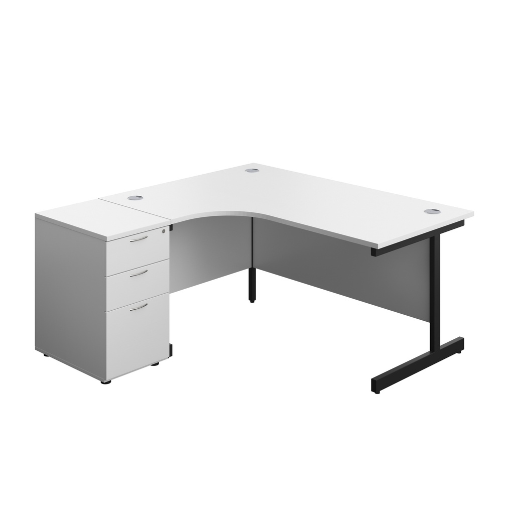 Single Upright Left Hand Radial Desk + Desk High 3 Drawer Pedestal (FSC) | 1600 X 1200 | 600mm Deep Pedestal | White/Black