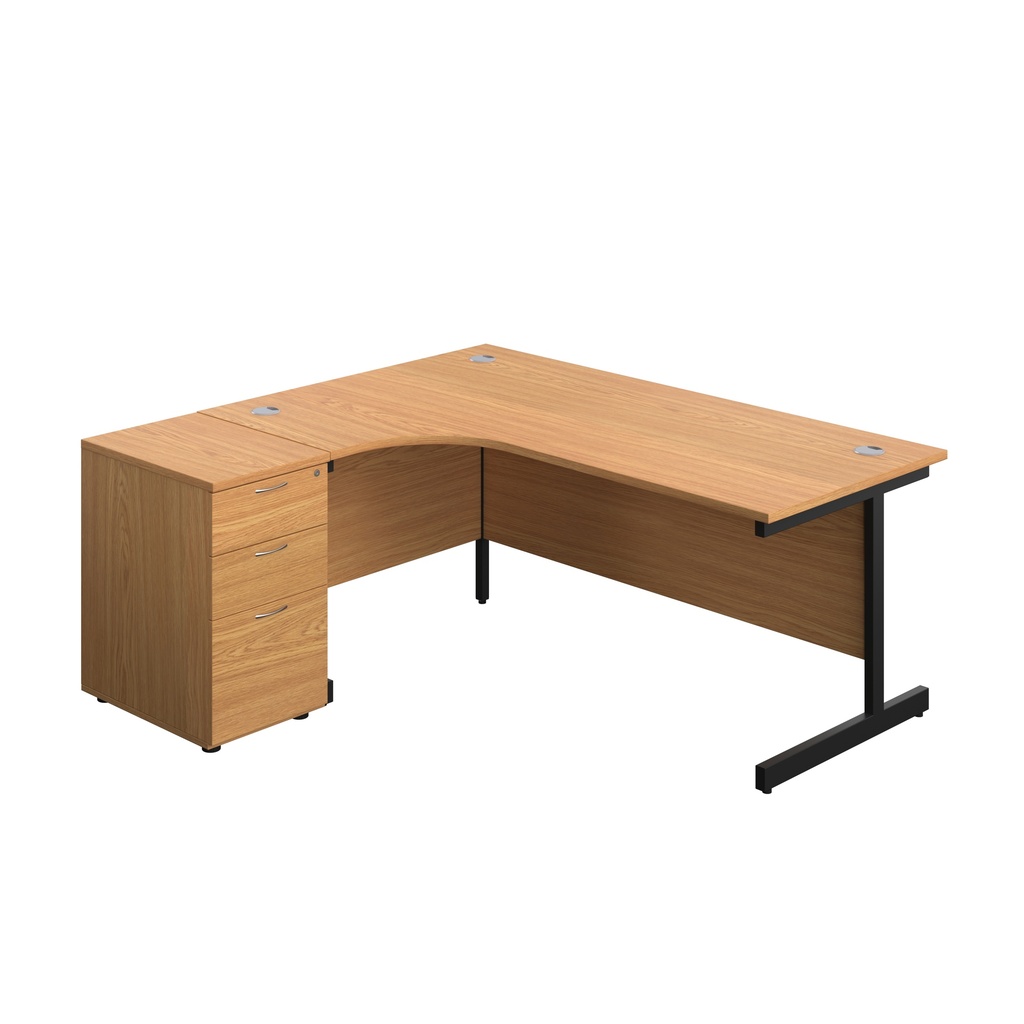 Single Upright Left Hand Radial Desk + Desk High 3 Drawer Pedestal (FSC) | 1800 X 1200 | 600mm Deep Pedestal | Nova Oak/Black