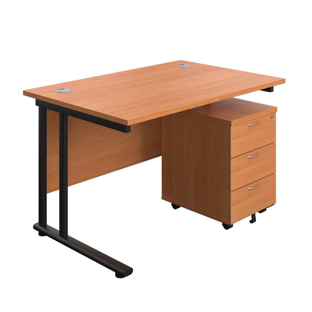 Twin Upright Rectangular Desk + Mobile 3 Drawer Pedestal (FSC) | 1200X800 | Beech/Black | 