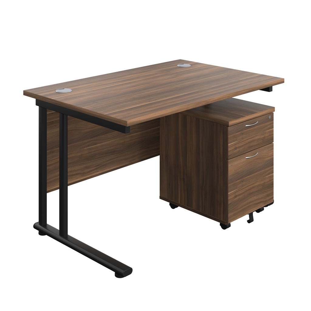 Twin Upright Rectangular Desk + Mobile 2 Drawer Pedestal (FSC) | 1200X800 | Dark Walnut/Black | 