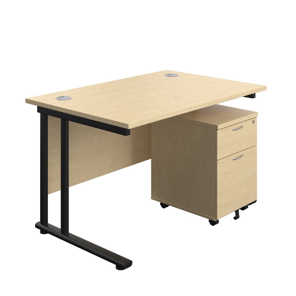 Twin Upright Rectangular Desk + Mobile 2 Drawer Pedestal (FSC) | 1200X800 | Maple/Black | 