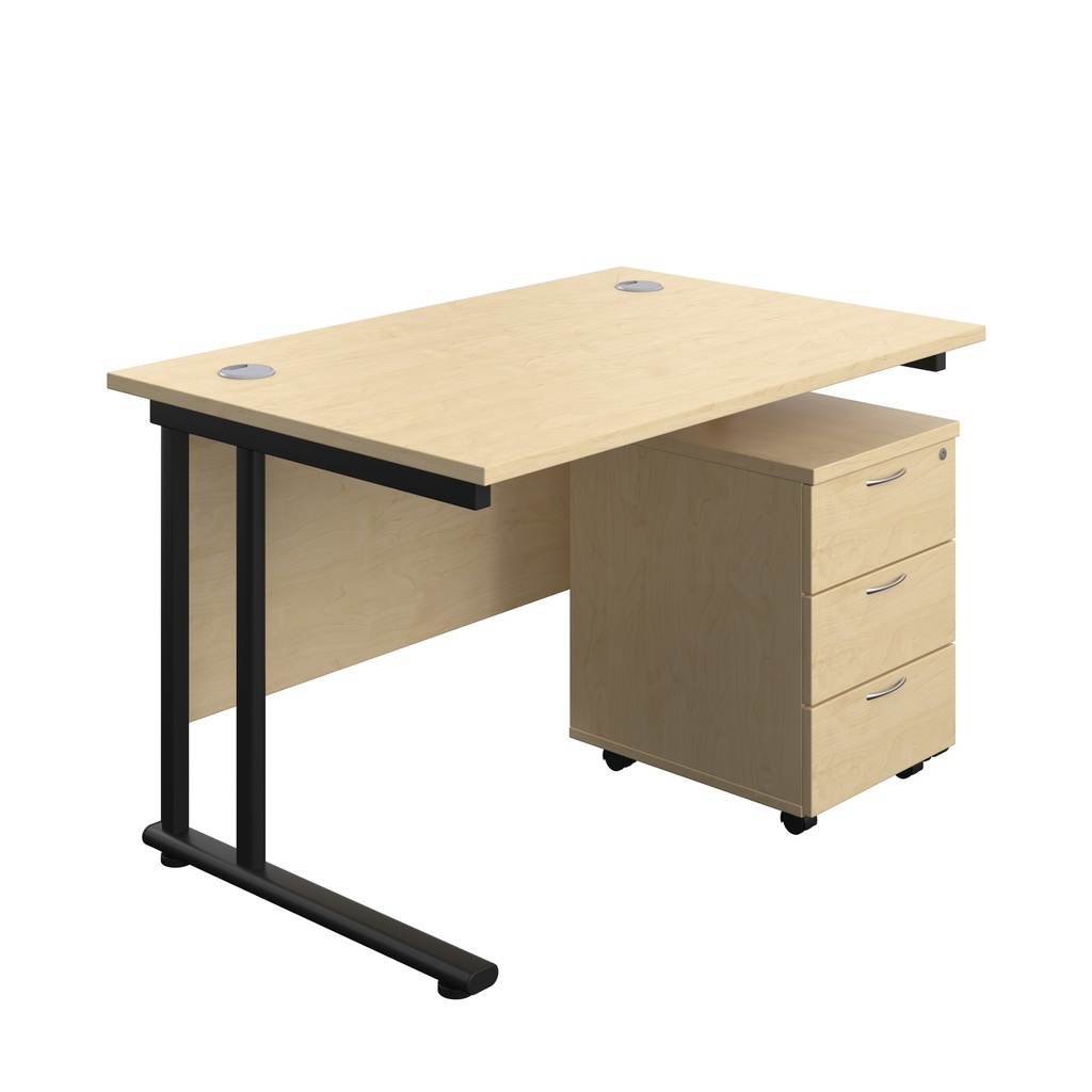 Twin Upright Rectangular Desk + Mobile 3 Drawer Pedestal (FSC) | 1200X800 | Maple/Black | 