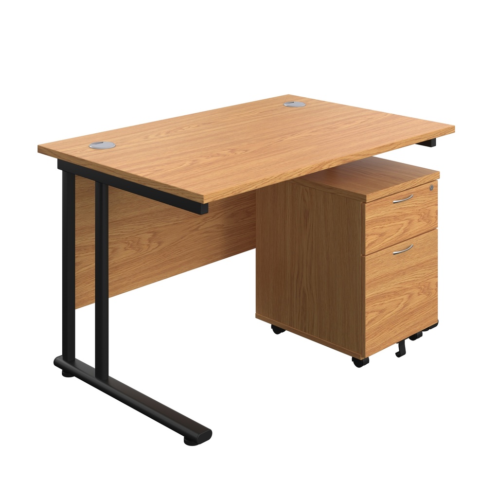 Twin Upright Rectangular Desk + Mobile 2 Drawer Pedestal (FSC) | 1200X800 | Nova Oak/Black | 