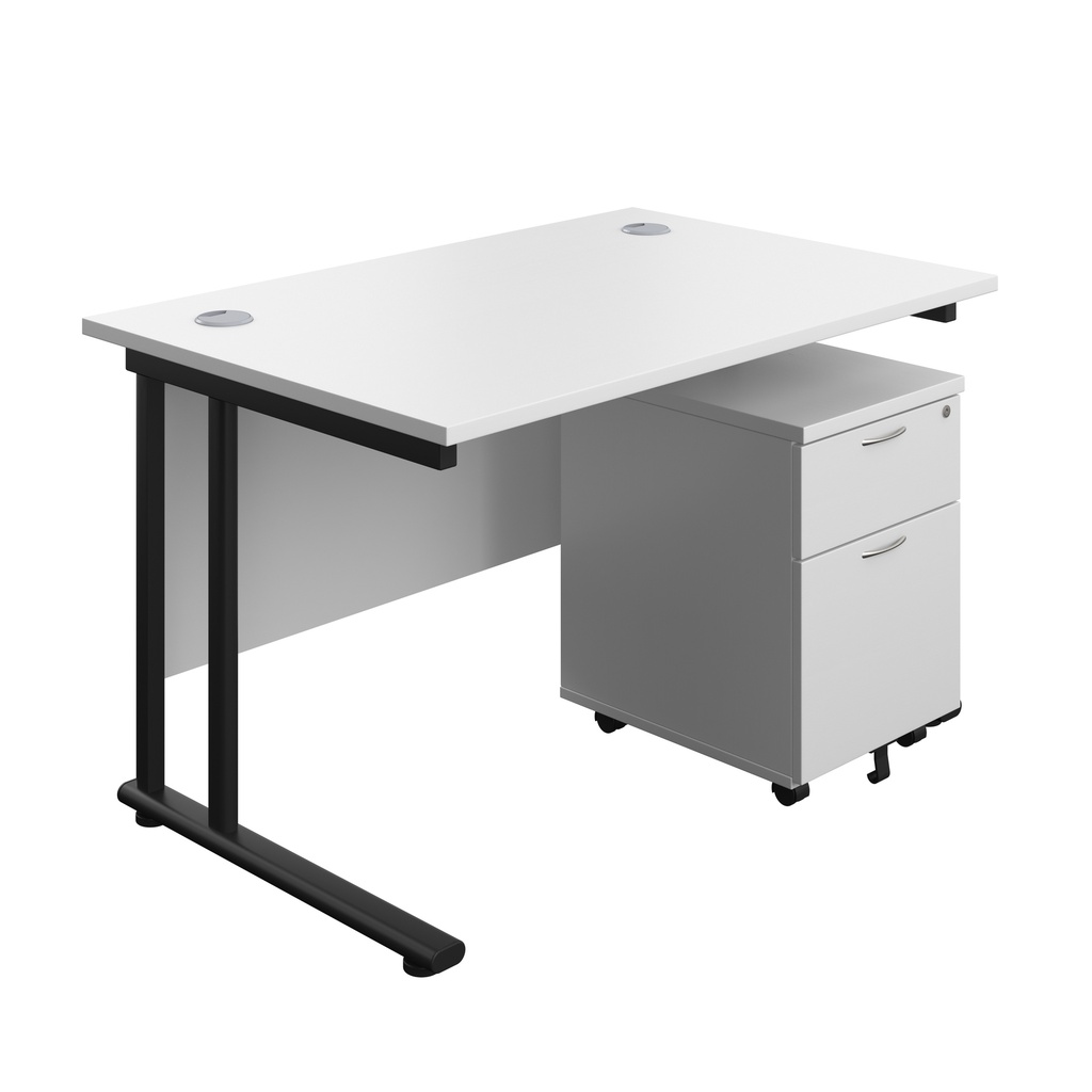 Twin Upright Rectangular Desk + Mobile 2 Drawer Pedestal (FSC) | 1200X800 | White/Black | 