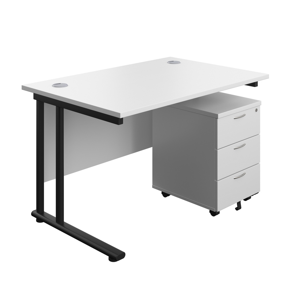 Twin Upright Rectangular Desk + Mobile 3 Drawer Pedestal (FSC) | 1200X800 | White/Black | 