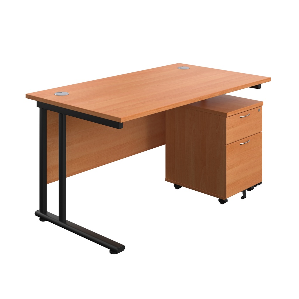 Twin Upright Rectangular Desk + Mobile 2 Drawer Pedestal (FSC) | 1400X800 | Beech/Black | 