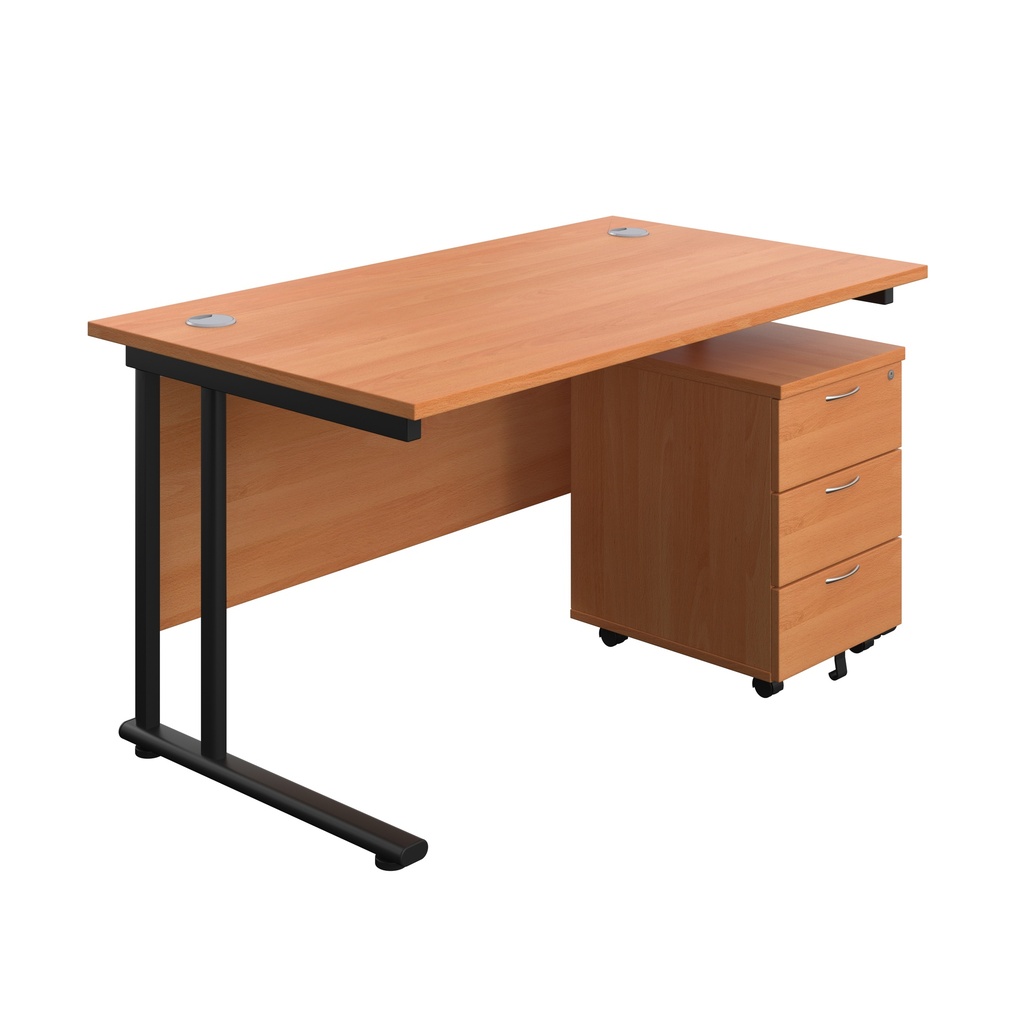 Twin Upright Rectangular Desk + Mobile 3 Drawer Pedestal (FSC) | 1400X800 | Beech/Black | 