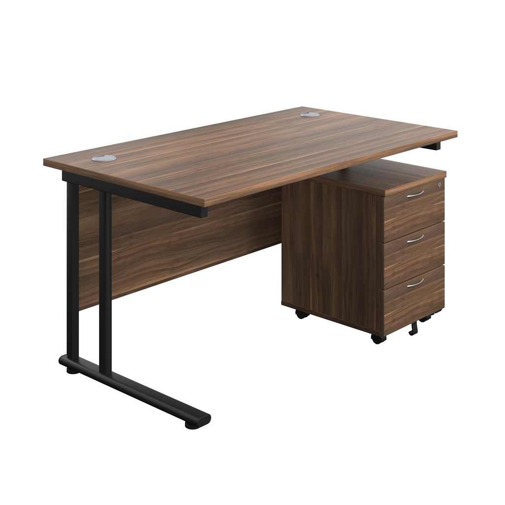 Twin Upright Rectangular Desk + Mobile 3 Drawer Pedestal (FSC) | 1400X800 | Dark Walnut/Black | 