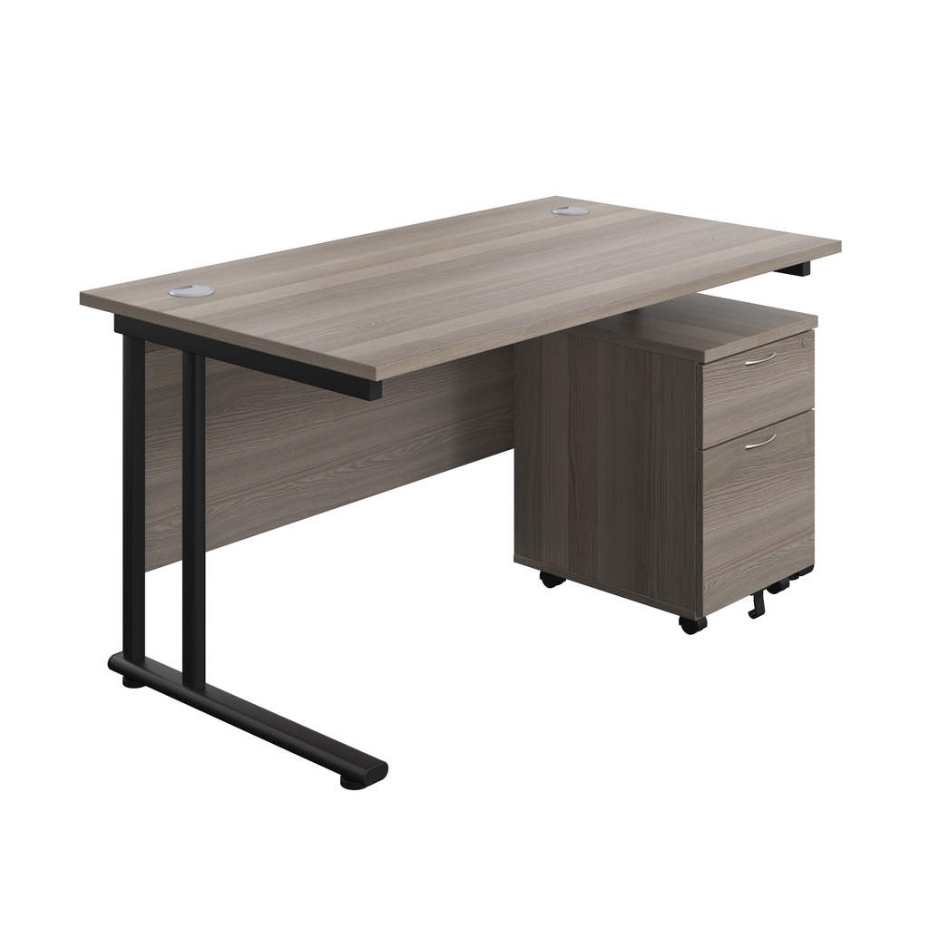 Twin Upright Rectangular Desk + Mobile 2 Drawer Pedestal (FSC) | 1400X800 | Grey Oak/Black | 