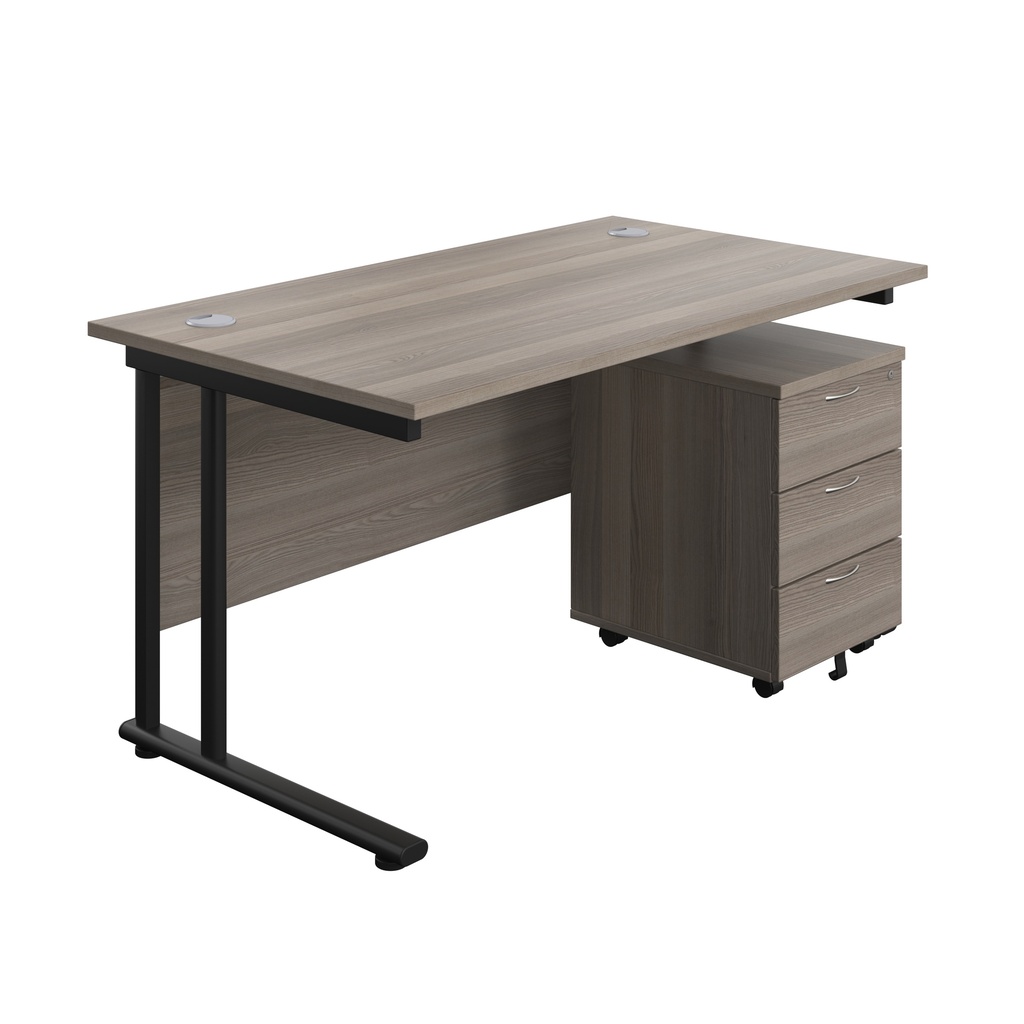 Twin Upright Rectangular Desk + Mobile 3 Drawer Pedestal (FSC) | 1400X800 | Grey Oak/Black | 