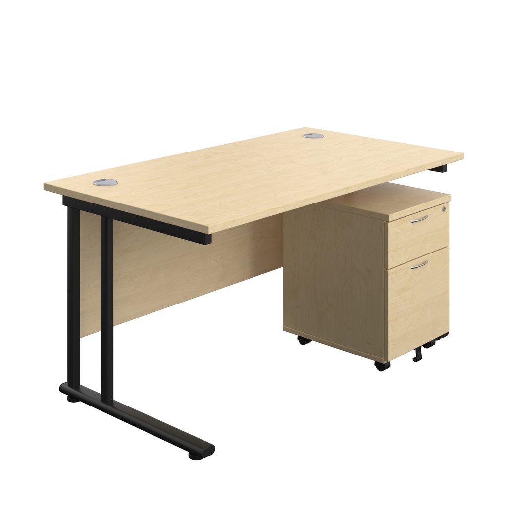 Twin Upright Rectangular Desk + Mobile 2 Drawer Pedestal (FSC) | 1400X800 | Maple/Black | 