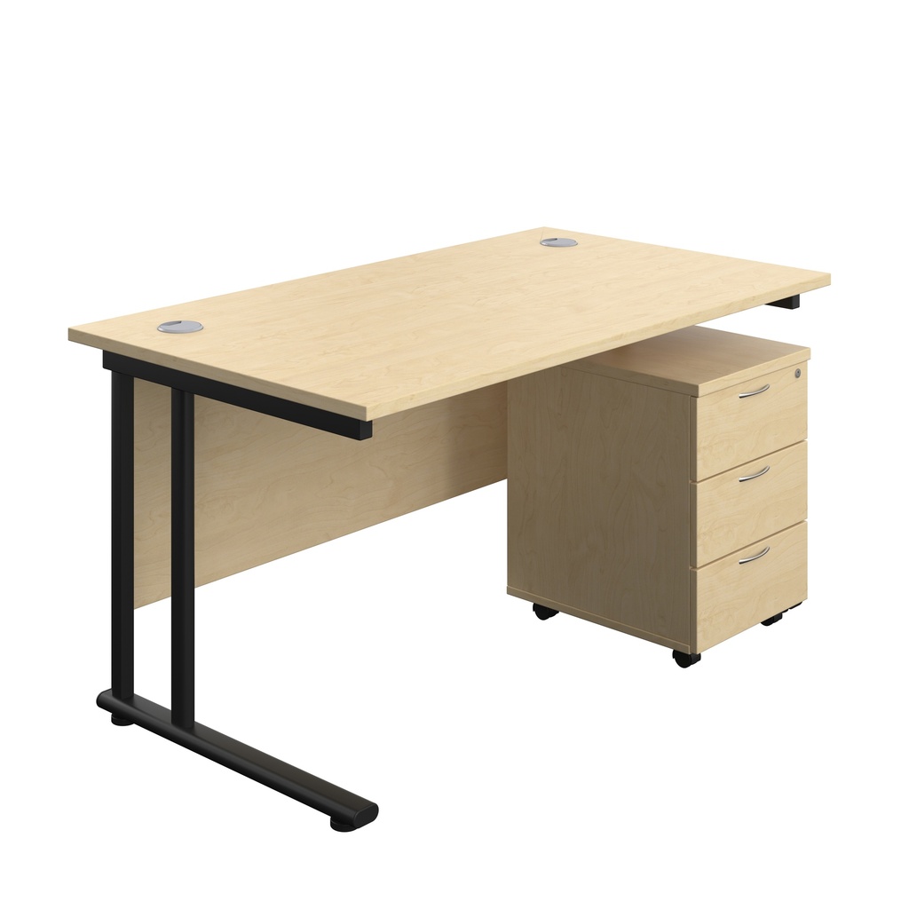 Twin Upright Rectangular Desk + Mobile 3 Drawer Pedestal (FSC) | 1400X800 | Maple/Black | 