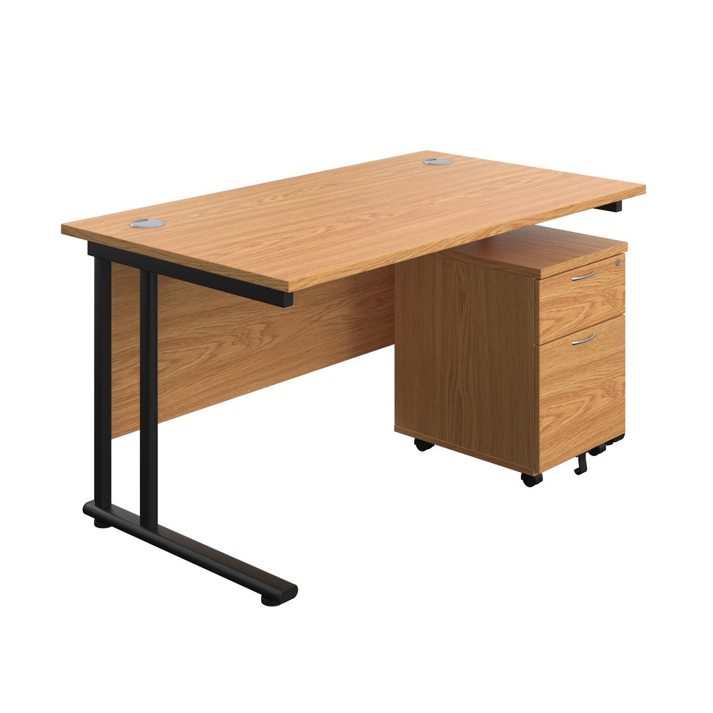 Twin Upright Rectangular Desk + Mobile 2 Drawer Pedestal (FSC) | 1400X800 | Nova Oak/Black | 