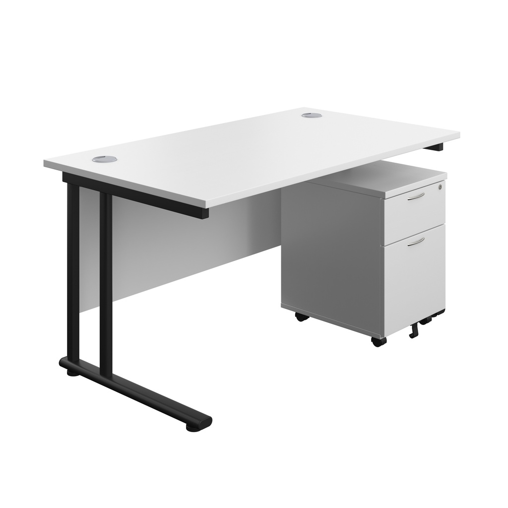 Twin Upright Rectangular Desk + Mobile 2 Drawer Pedestal (FSC) | 1400X800 | White/Black | 